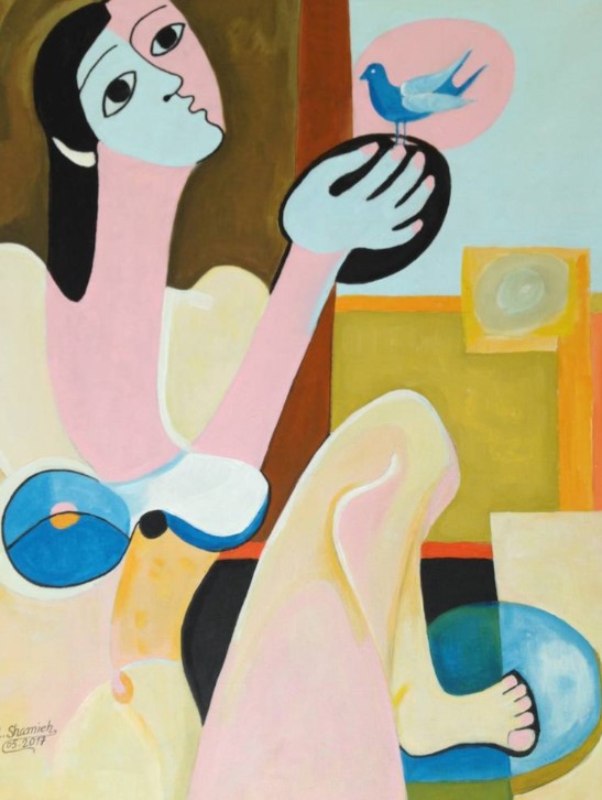 Woman and blue bird by Abdelrahman Shamieh
